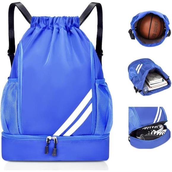 Unisex Drawstring Backpack Sports Gym Bag with Shoes Compartment (Blue)
